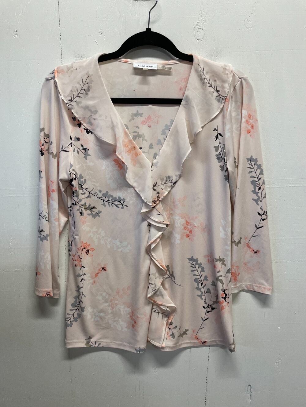 Calvin Klein Women's Small Pink Floral Blouse W/ Cascading Ruffle Trim V Neck
